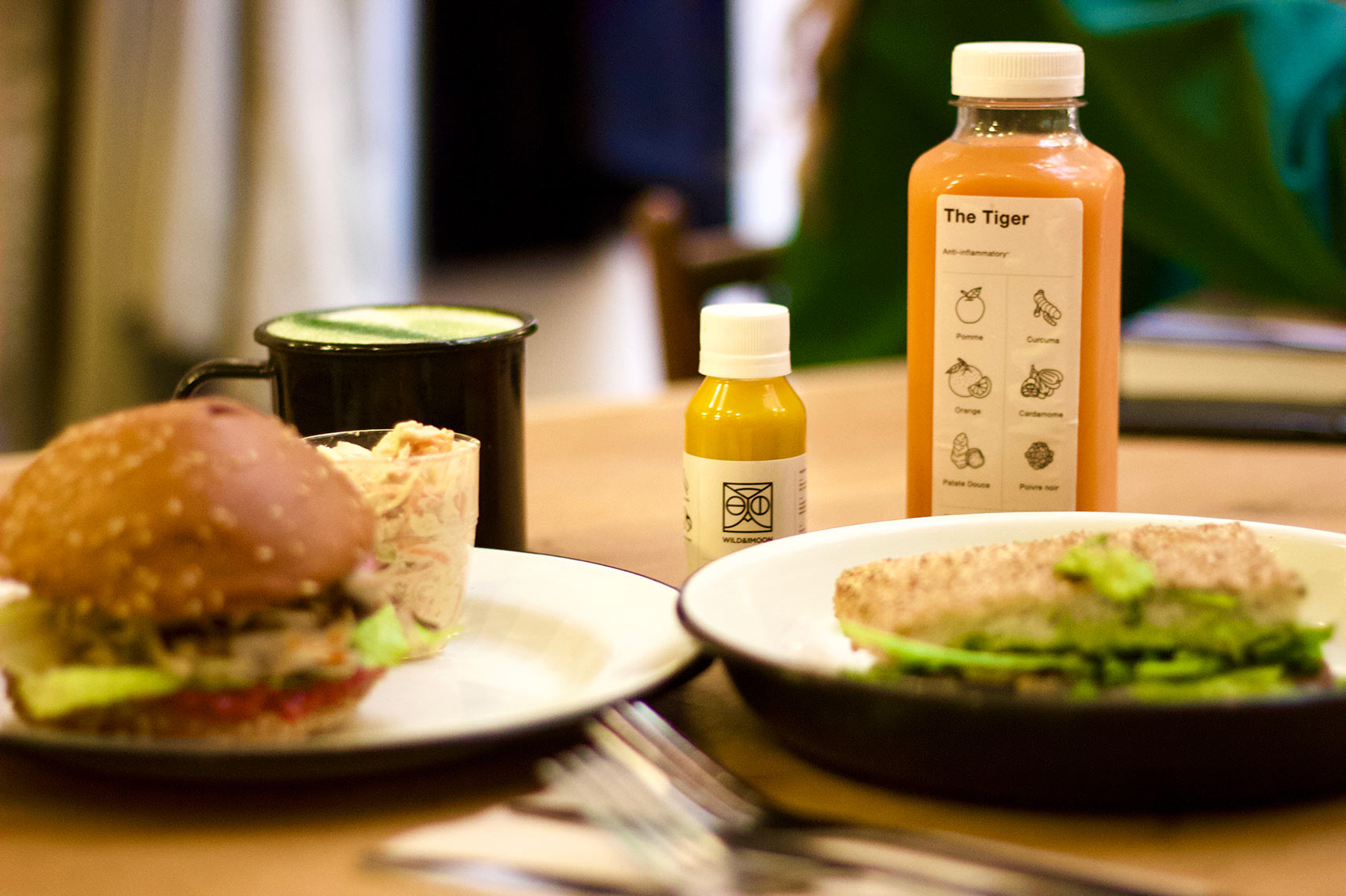 Veggie burger and cold press juice from Wild & the Moon