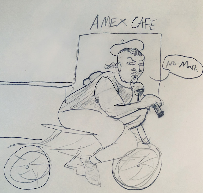 Maskless Angels bike protest. Image Credit: Department of Accurate Sketches of AUP Students
