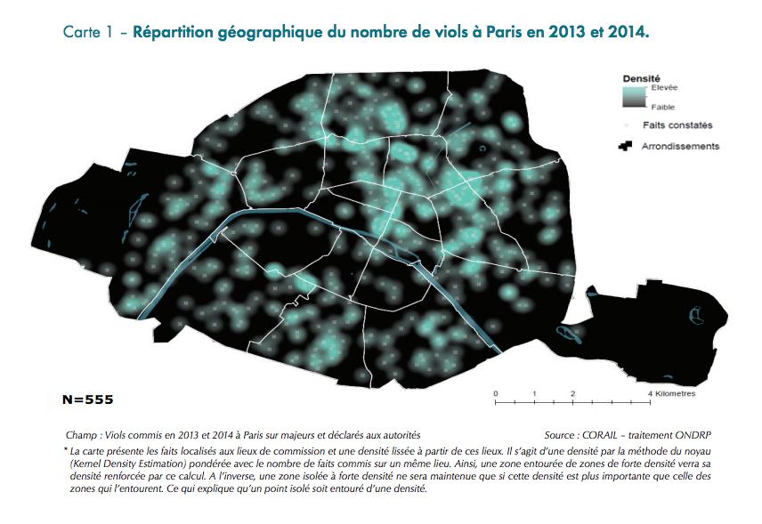 Map showing concentration of rapes in Paris via ONDRP. Areas in light blue show a high concentration of rapes, dark areas show a lower concentration of rapes. The white lines draw the boundaries of each arrondissement. Photo Credit: VICE NEWS