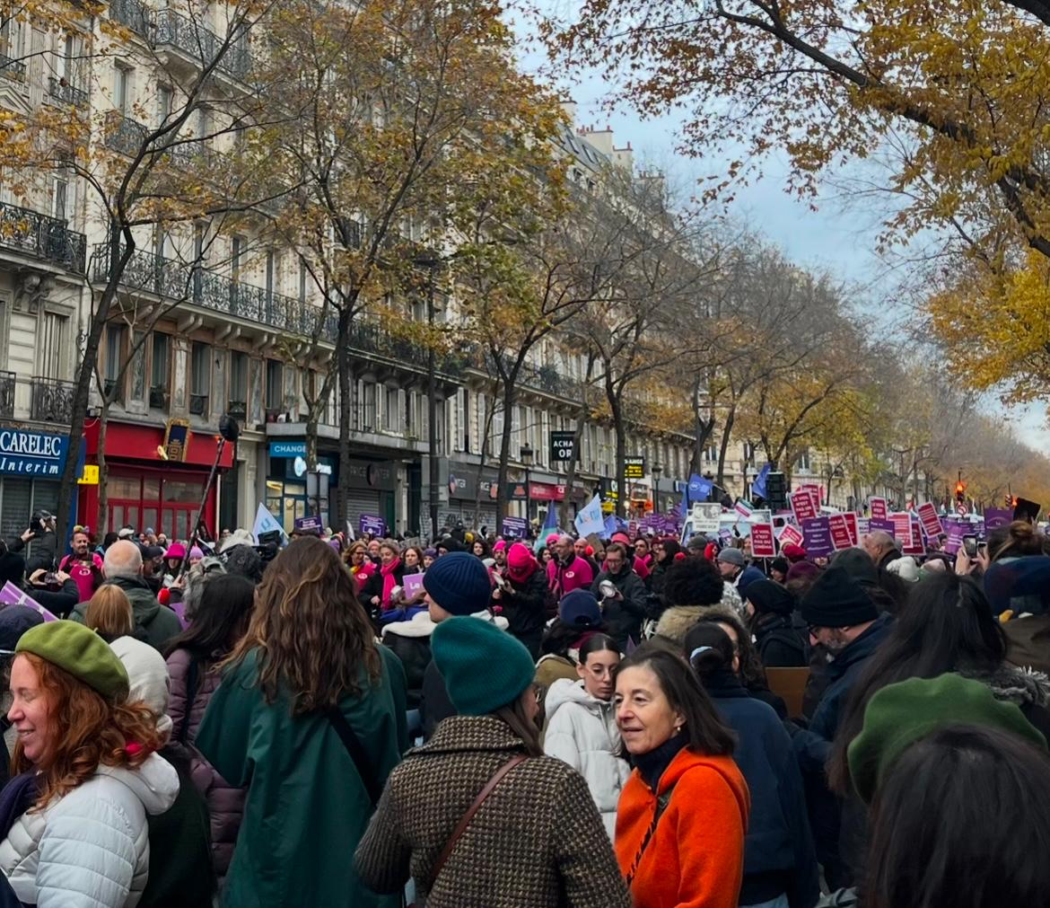 Protesters lining a street in Paris