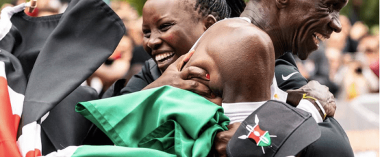 Eliud Kipchoge gets his first hug from Wife,Grace after the finish line/Image Credit: Geoffrey Mbuthia Classic 105