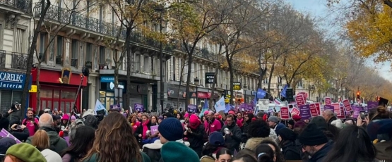Protesters lining a street in Paris